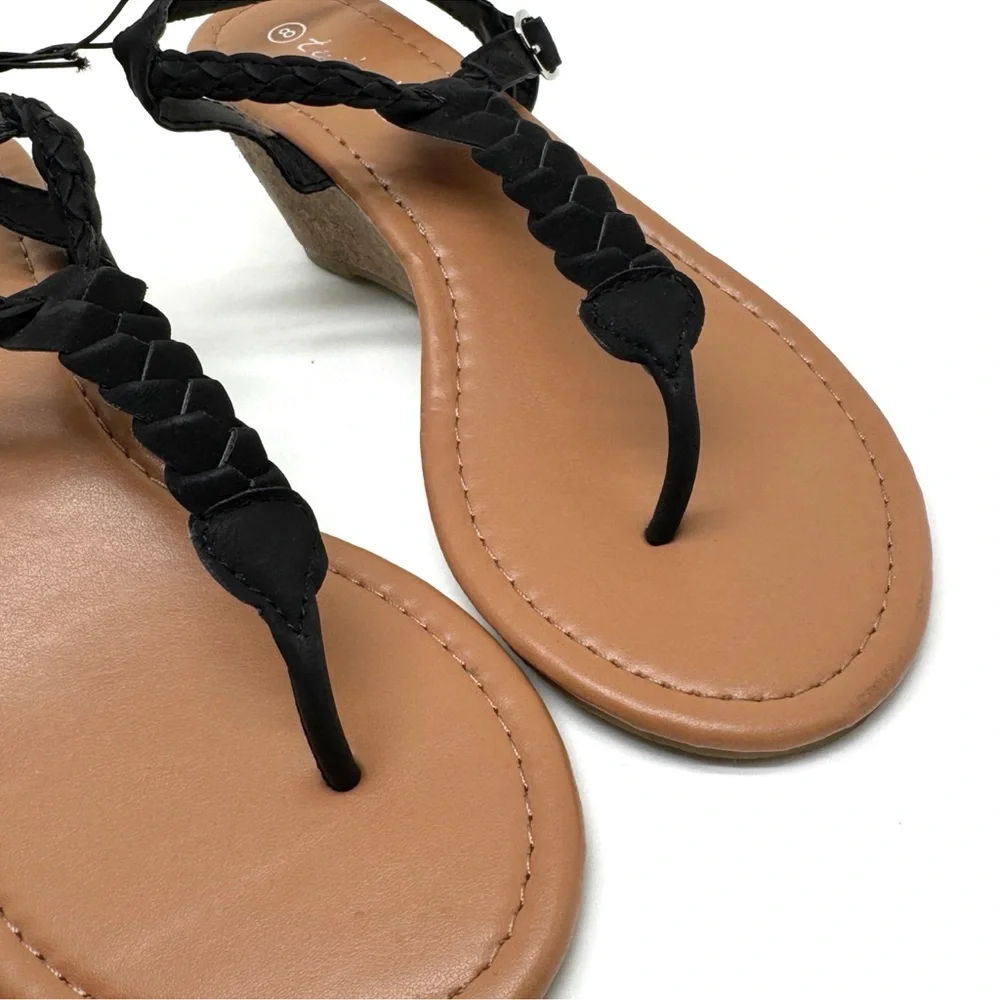 Twisted Riley T-strap Wedge Sandal Black Braided Thong Sandals Size 8